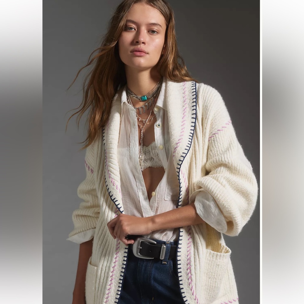 Anthropologie Maeve Collared Whipstitch Open Cardigan Sweater Pockets Ivory - Picture 1 of 6